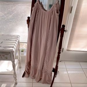 NWT XS flowy lined maxi dress gauzy cotton, dusty rose color, crocheted accents